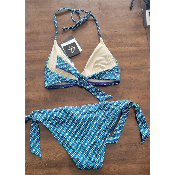 NWT Echo Geometric Bikini Halter Top & Tie Side Bottom Blue Green 123281 - Picture 2 of 2